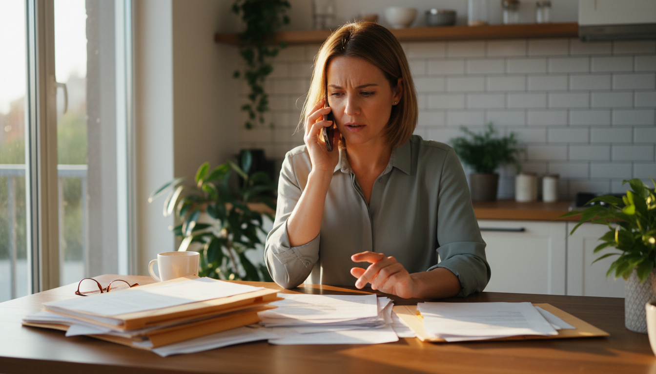 Stressed woman at a kitchen table sorting through lots of papers.